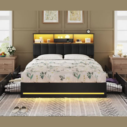 MSmask Queen Size LED Bed Frame with Storage Headboard, 4 Drawers & Bookcase - Contemporary Metal Design, RGB Lighting, Built-in Charging Station, Ideal for Modern Bedrooms