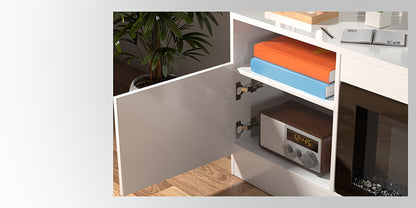 Modern LED Fireplace TV Stand, 36" Electric Fireplace Entertainment Center with Storage Shelves, Metal and Wood Construction, Assembly Required, Fits Up to 80" TVs - White