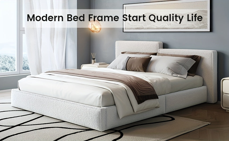 Queen & Full Size Bed Frame with Upholstered Headboard - Wood & Metal Slat Support, No Box Spring Needed, Easy Assembly, Quiet Mattress Foundation by Guyii Commercial, GUYII