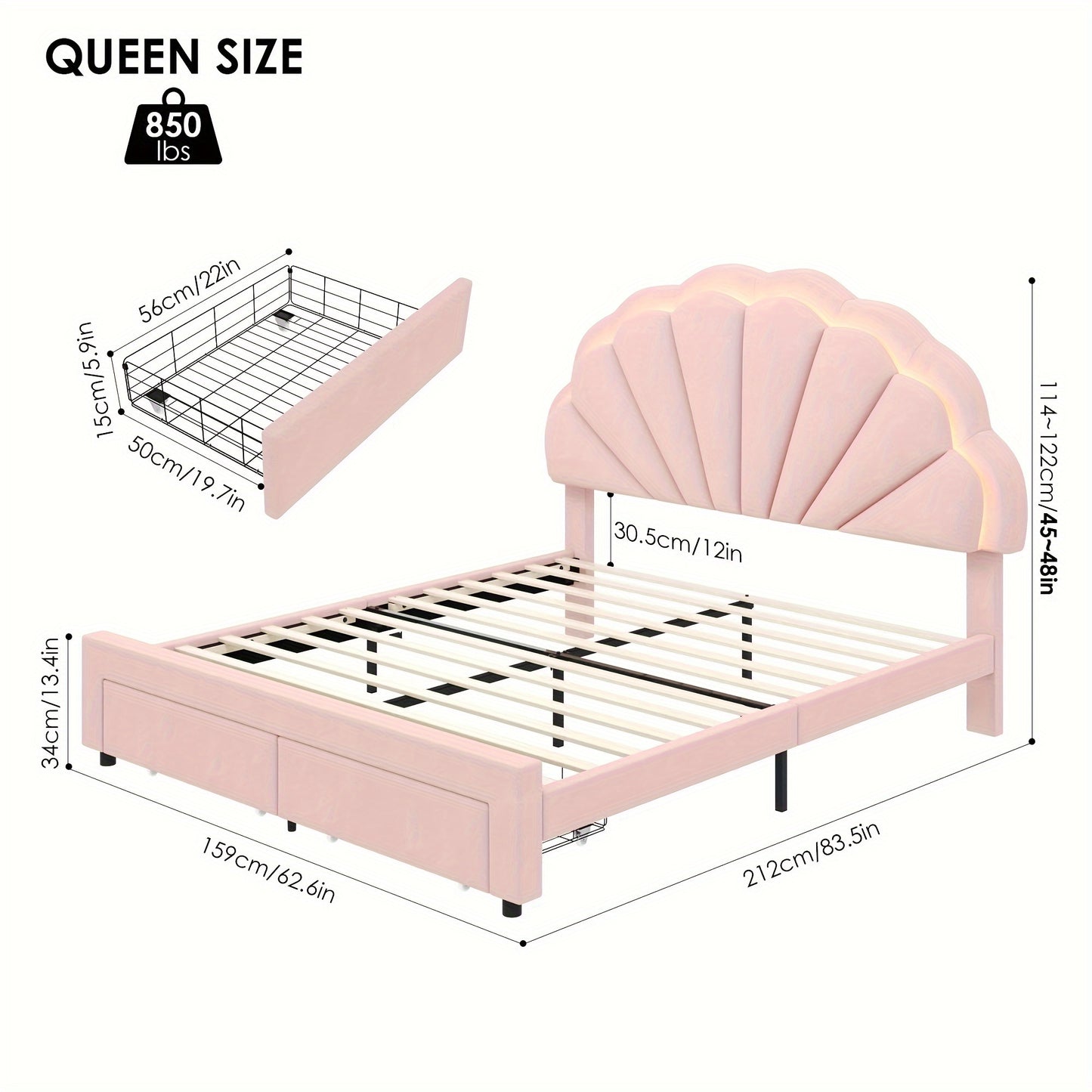 FULTRU LED Bed Frame With Large Storage Drawer, Velvet Upholstered Platform Bed With Adjustable Floral Headboard