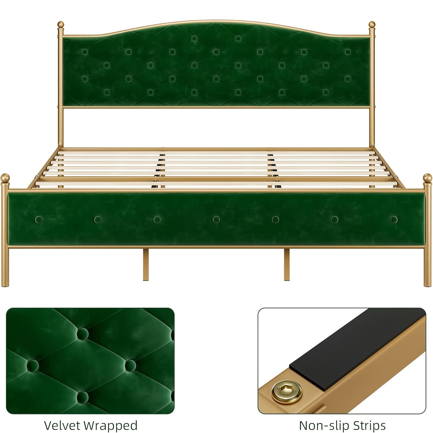 Full, Queen, King, White, Blue, Green, Senfot Bed Frame, Velvet Upholstered Platform Bed With Button Tufted Headboard, Heavy Duty Mattress Foundation With Solid Wood Slats Support, No Box Spring Needed