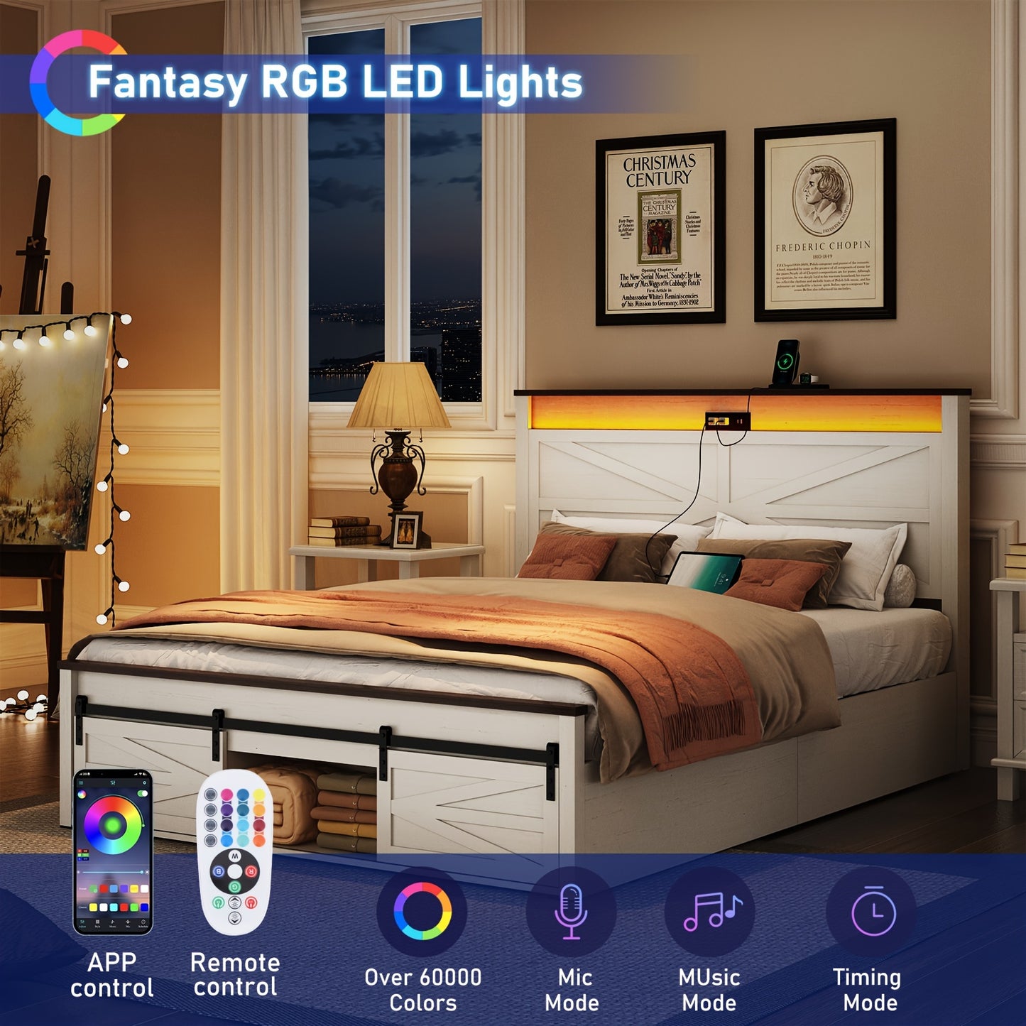 Farmhouse Queen Bed Frame - LED Lights & Charging Station