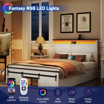 Farmhouse Queen Bed Frame - LED Lights & Charging Station