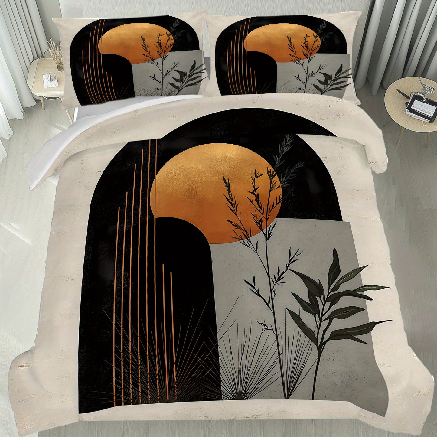 Latacaca 3pcs Modern Geometric Botanical Duvet Cover Set, 1 Quilt Cover + 2 Pillowcases, All Seasons Bedroom Setting, Perfect for Home and Dorm Decor, Soft and Machine Washable