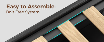 Twin Full Queen Bed Frame with LED Lighting, Built-in Charging Station, have RemotePU Leather/neutral-toned linen fabric Storage Headboard & Drawers,Heavy Duty Wood Slats, Quick & Easy Assembly - Perfect for Bedroom Furniture