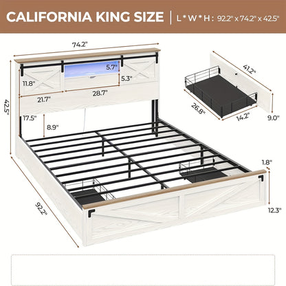 Queen/King/California King Farmhouse Bed Frame With LED Lights And Charging Station, Rustic Platform Bed Frame With 2 Storage Drawers And Headboard, White