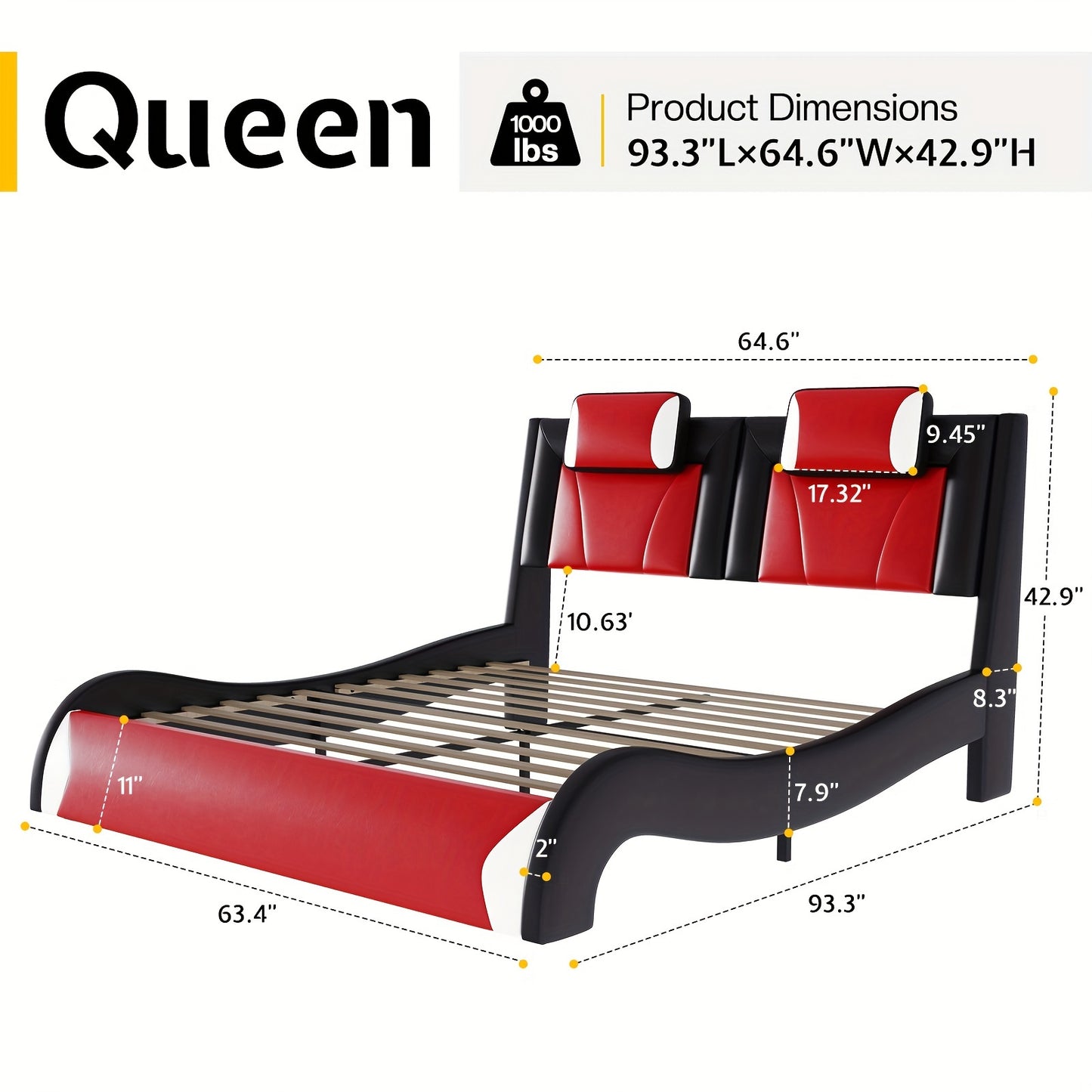 Modern Elegance Meets Functionality: PaPaJet Full Floating Bed Frame With Built-in LED Lights, Faux Leather Upholstery, & Wave-Shaped Curves, No Box Spring Required