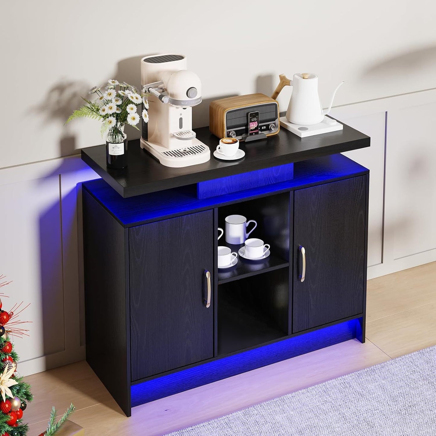 Buffet Cabinet with Storage &amp; Led Lights, Modern Accent Cabinet with Charging Station, Black Coffee Bar Buffet Table with Doors &amp; Shelves for Kitchen, Dinning, Living Room