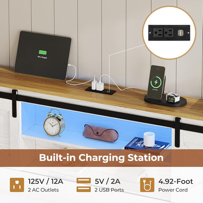 California King Size Bed Frame with Charging Station and LED Lights, Farmhouse Bed Frame with 4 Storage Drawers, Wooden Cal King Platform Bed Frame with Storage Headboard for Bedroom, White, Spacesaving Bed, Modern Bedroom Se