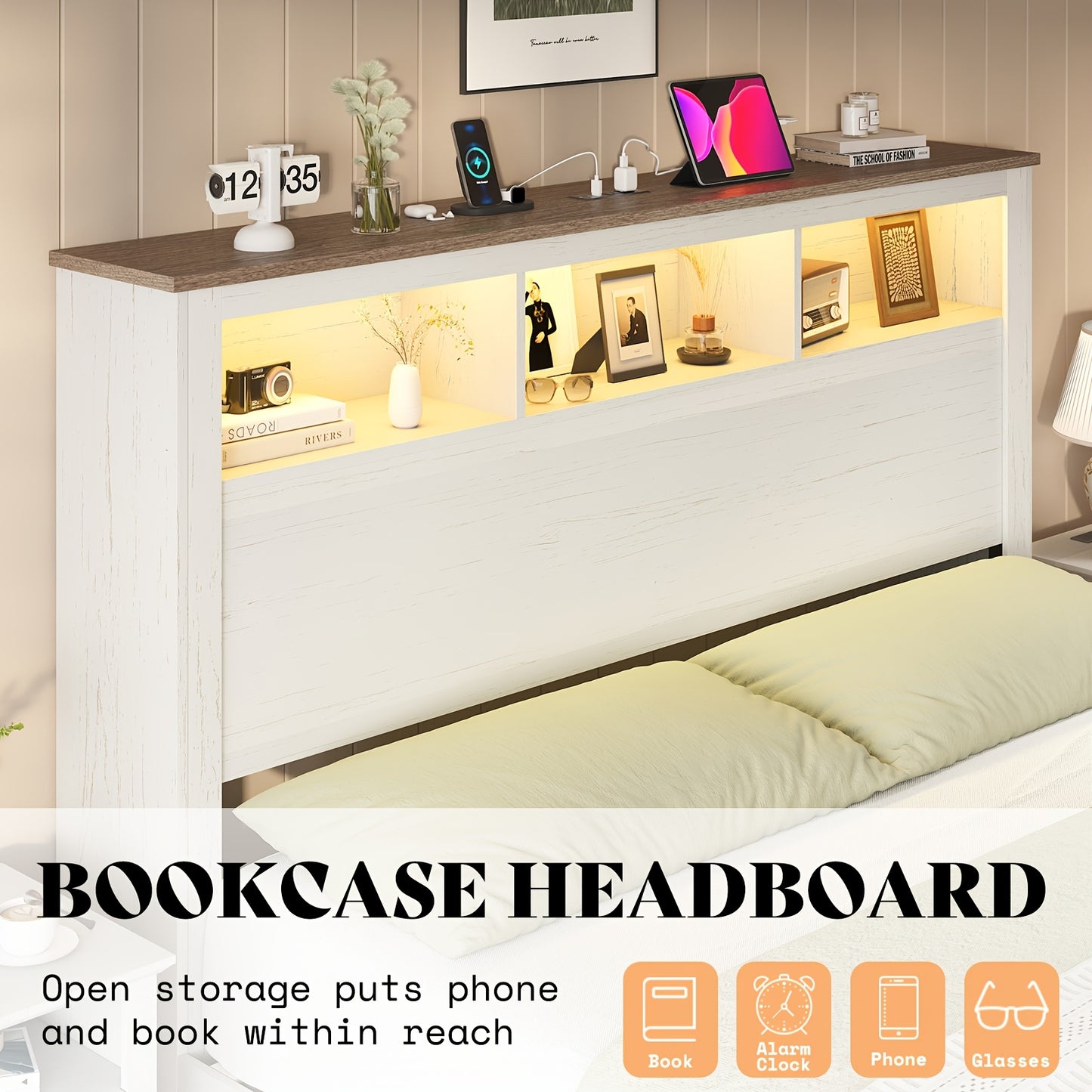 Platform Bed in Farmhouse Style Featuring a Storage Headboard And Footboard, Integrated LED Lighting, And a Charging Station - Does Not Need a Box Spring.