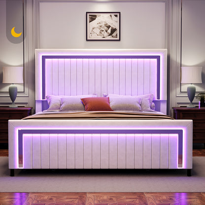 LUXOAK Queen Size LED Platform Bed Frame with Upholstered Design, Includes 4 Storage Drawers, Adjustable Headboard with Vertical Channels, No Box Spring Needed