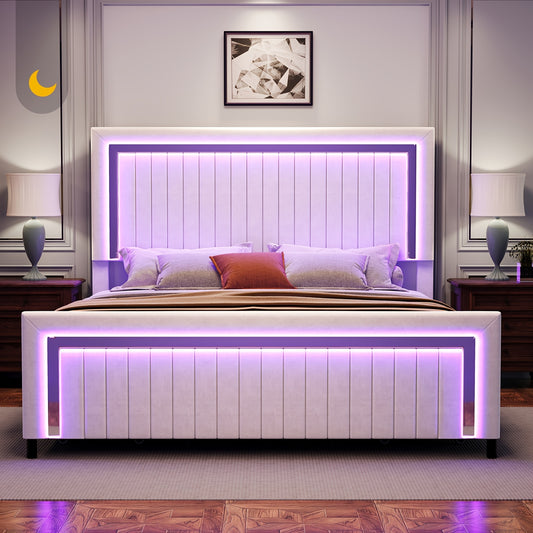 LUXOAK Queen Size LED Platform Bed Frame with Upholstered Design, Includes 4 Storage Drawers, Adjustable Headboard with Vertical Channels, No Box Spring Needed