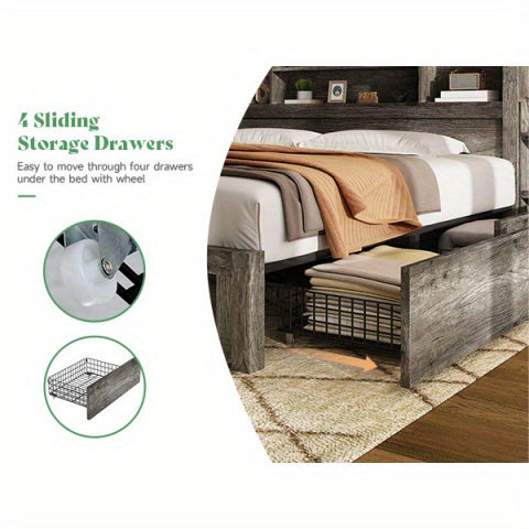 PAPABABE Bed Frame Featuring a 49.6-Inch Bookcase Headboard, Four Drawers, And Two Removable Storage Racks - a Farmhouse-Style Wooden Bed Frame Equipped with RGB LED Lights And a Charging Station, No Box Spring Required.