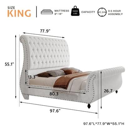 Elegant Velvet Sleigh Bed with Scrolled Headboard & Footboard - Button-Tufted, No Box Spring Needed