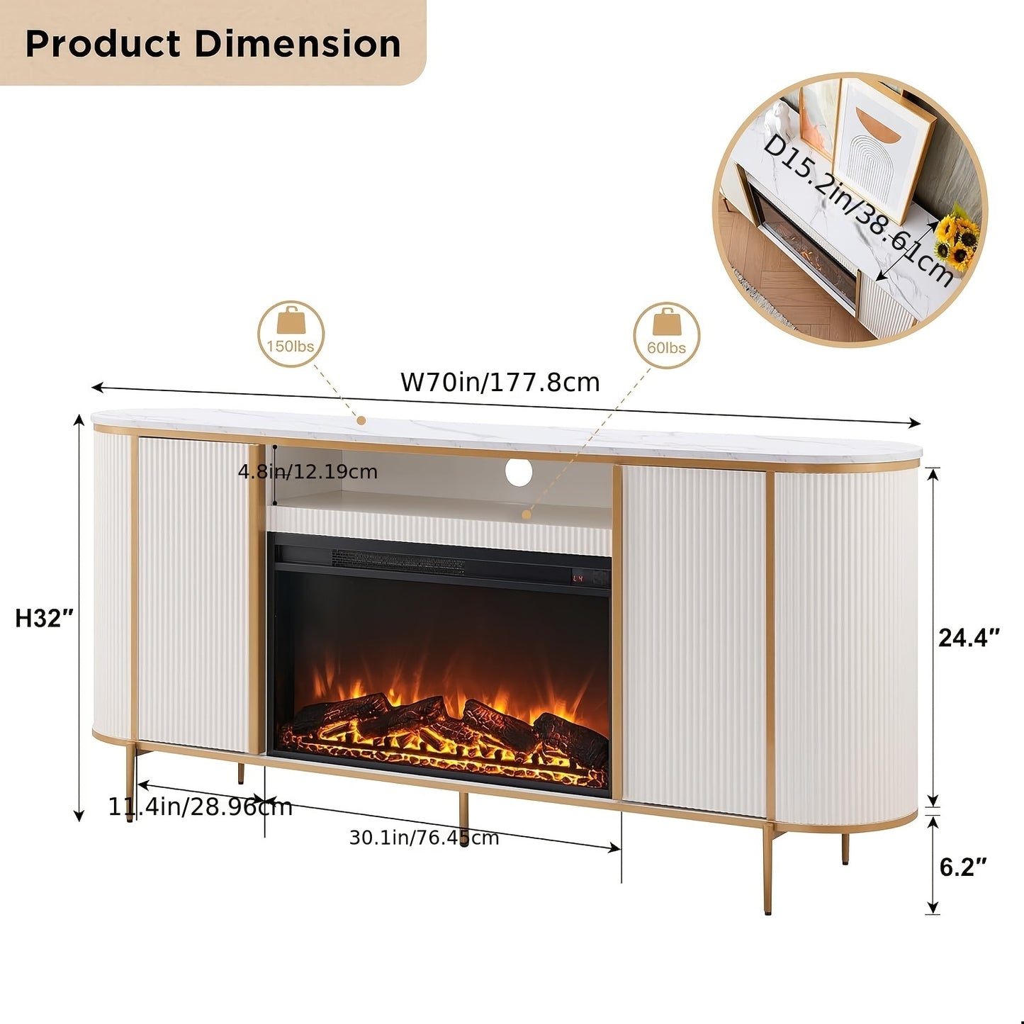 [Luxury Living] Luxury 70" Fluted Fireplace TV Stand, Modern Chic Entertainment Center for TVs Up to 80", White with Golden Accents, Faux Marble Top, Curved Design, Media Console for Living Room, Media Storage Unit | Sophisti