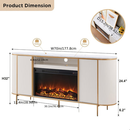 [Luxury Living] Luxury 70" Fluted Fireplace TV Stand, Modern Chic Entertainment Center for TVs Up to 80", White with Golden Accents, Faux Marble Top, Curved Design, Media Console for Living Room, Media Storage Unit | Sophisti