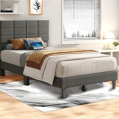 Twin/Full/Queen/King Size Platform Bed Frame with Fabric Upholstered Headboard and Wooden Slats Support, Leather Upholstered Headboard, and Built-in Charging Station, Upholstered Mattress Foundation/No Box Spring Needed/Easy