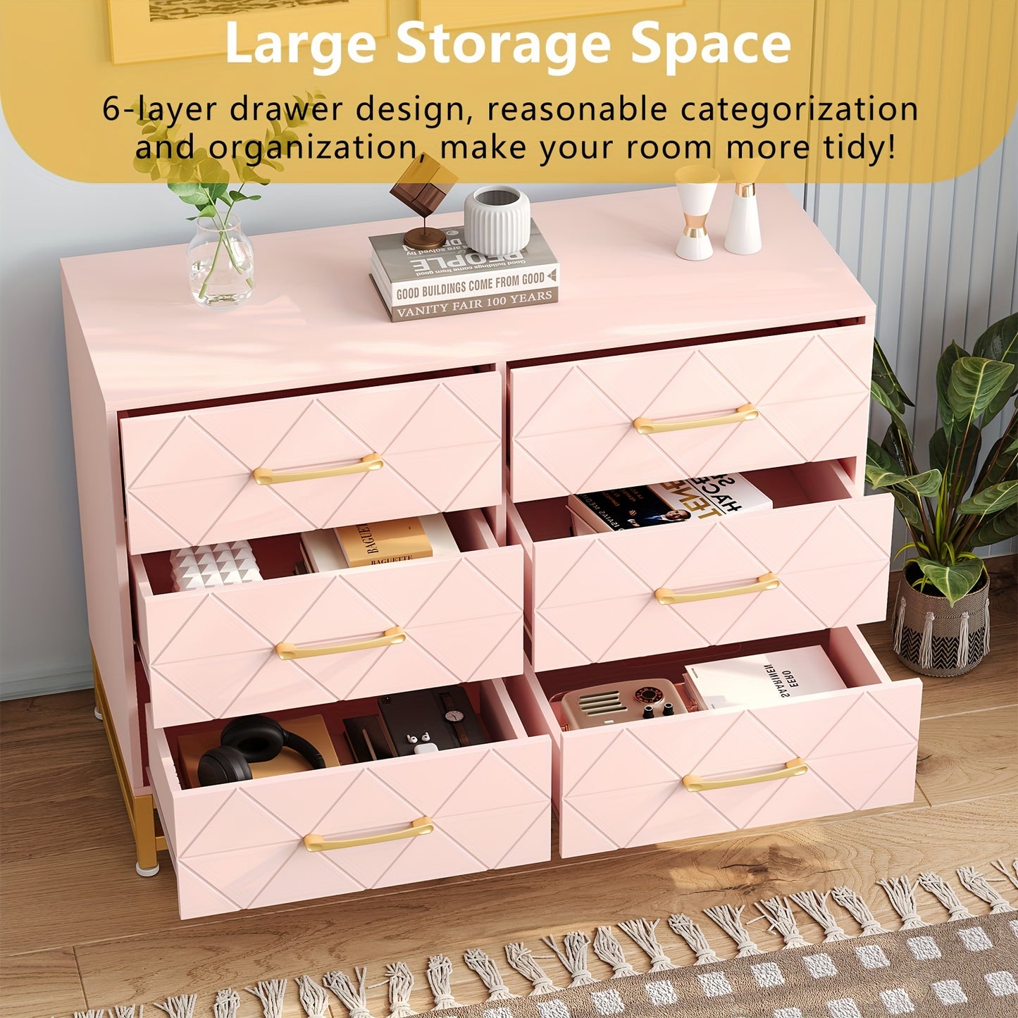 6-Drawer Dresser TV Stand - Wood Chest with Metal Handles