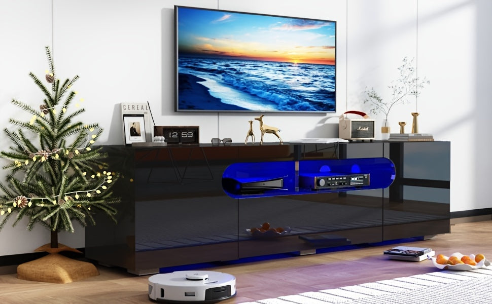 65IN LED TV Stand For 65/70/75inch TV, Modern Black TV Stand For Living Room, High Glossy TV Entertainment Center With Large Storage Drawer, APP RGB Light, TV Console, TV Cabinet (Black)