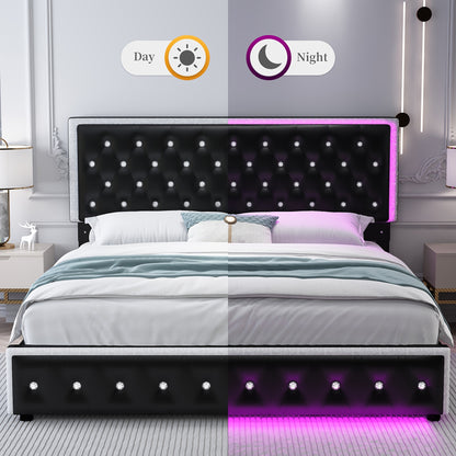Sibeds Queen Size Upholstered LED Bed Frame With Storage Drawers, King Size Platform Storage Full Bed With Crystal Button Tufted Headboard And Solid Slats Support, Noise Free, No Box Spring Needed, PU Luxury Beds Girls Men's