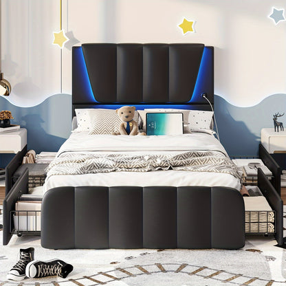 Twin Bed Frames With Storage Drawers And LED Lights, Bed Frame Twin Size With Height Adjustable Headboard, No Box Spring Needed, Cream White/Black