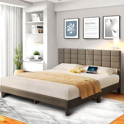 Twin/Full/Queen/King Size Platform Bed Frame with Fabric Upholstered Headboard and Wooden Slats Support, Leather Upholstered Headboard, and Built-in Charging Station, Upholstered Mattress Foundation/No Box Spring Needed/Easy