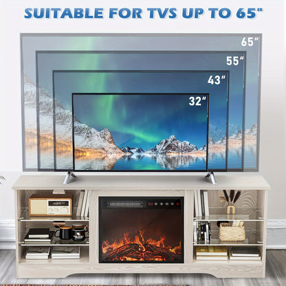 Fireplace TV Stand With 18''Fireplace, Modern Entertainment Center For TVs Up To 65 Inch, Media TV Console With Adjustable Glass Shelves And Storage Cabinets, Farmhouse TV Stand For Living Room