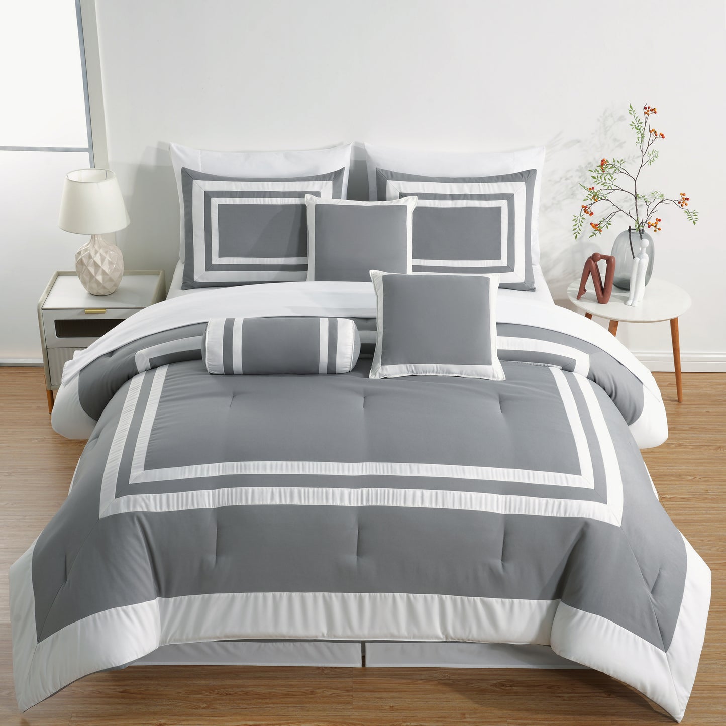 Caprice 7-Piece Modern Hotel Style Square Pattern Comforter Set with Decorative Pillows, Cal King/King/Queen/Full Size