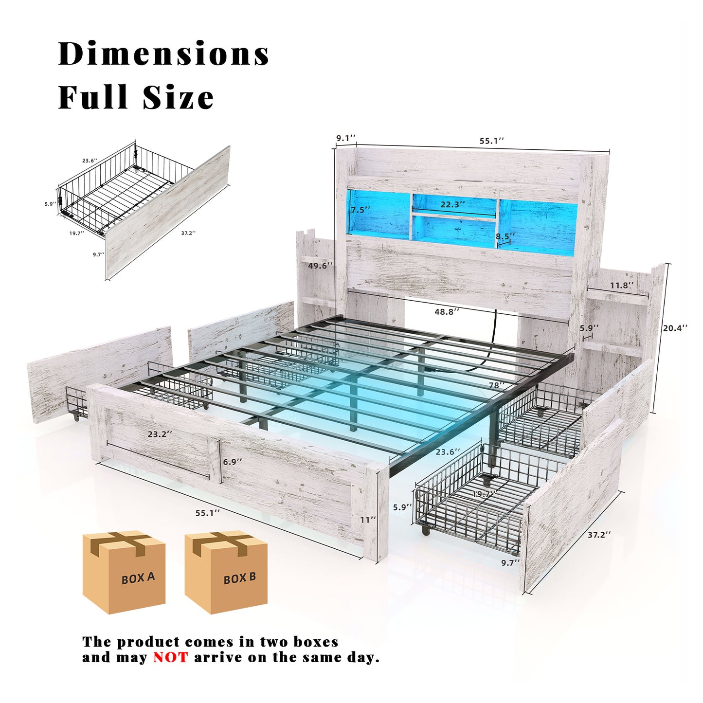 PAPABABE Bed Frame Featuring a 49.6-Inch Bookcase Headboard, Four Drawers, And Two Removable Storage Racks - a Farmhouse-Style Wooden Bed Frame Equipped with RGB LED Lights And a Charging Station, No Box Spring Required.