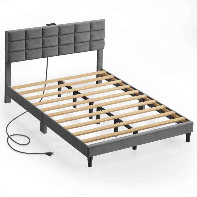 Twin/Full/Queen/King Size Platform Bed Frame with Fabric Upholstered Headboard and Wooden Slats Support, Leather Upholstered Headboard, and Built-in Charging Station, Upholstered Mattress Foundation/No Box Spring Needed/Easy