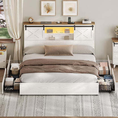 California King Size Bed Frame with Charging Station and LED Lights, Farmhouse Bed Frame with 4 Storage Drawers, Wooden Cal King Platform Bed Frame with Storage Headboard for Bedroom, White, Spacesaving Bed, Modern Bedroom Se