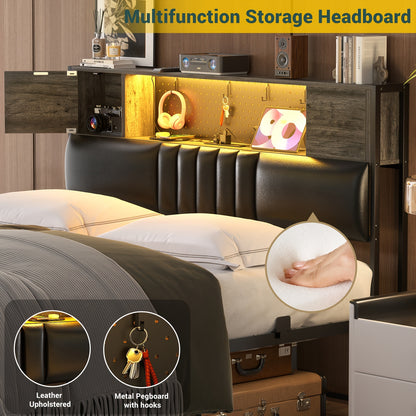 Unikito Queen Bed Frame with LED Light & Power Outlet, Platform Bed with Upholstered Headboard and Storage Cabinet, Heavy Duty Metal Slats, No Box Spring Needed, Easy Assembly, Noise-Free, Black Oak