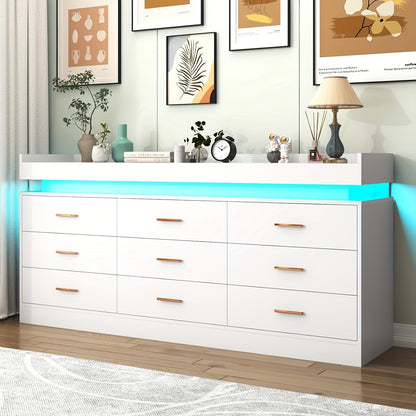 9 Drawer Dresser With LED Light, Modern Chest Of Drawers For Closet, Wide Drawer Organizer Cabinet For Bedroom, Living Room, Entryway, Hallway (9 Drawer White) Black