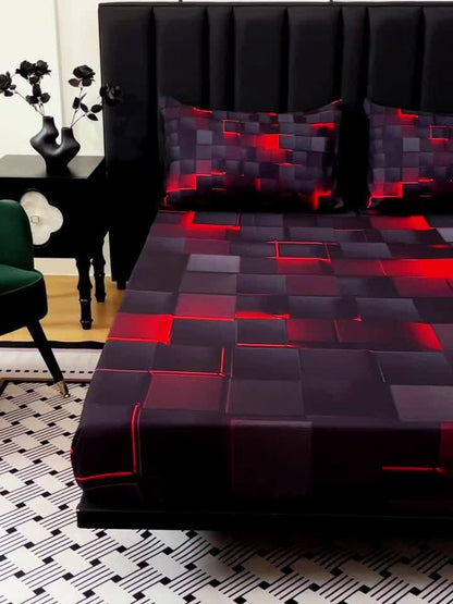 3pcs Cool Technology Digital Printing Material Plaid Fitted Sheet(1pc Bed Sheet+2pcs Pillowcase No Filling)Deep Pocket In 15 Inch At Home Dormitory Suitable for All Seasons Mattress Protector