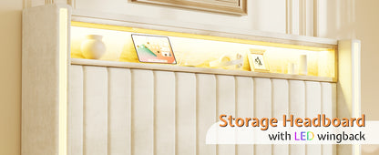 PaPaJet Bed Frame with LED Lights And Charging Station, Velvet Upholstered Platform Bed with 53" Tall Storage Headboard And Wingbacks, No Box Spring Needed