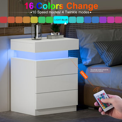Nightstand with LED Lights, 3 Drawers and 1 Flapping Top Storage Box, White Night Stand for Bedroom, Modern Tall Bedside Table with High Gloss Panel, Glacier White, Darknight Black
