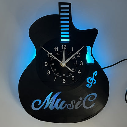 [Unique Vinyl Record Wall Clock] Unique Vinyl Record LED Wall Clock - Guitar-Shaped, Musical Theme, Irregular Shape, Flat Crown, Digital Display, Battery Operated (AA Not Included) - Ideal for Living Room, Bedroom, Office, Mu