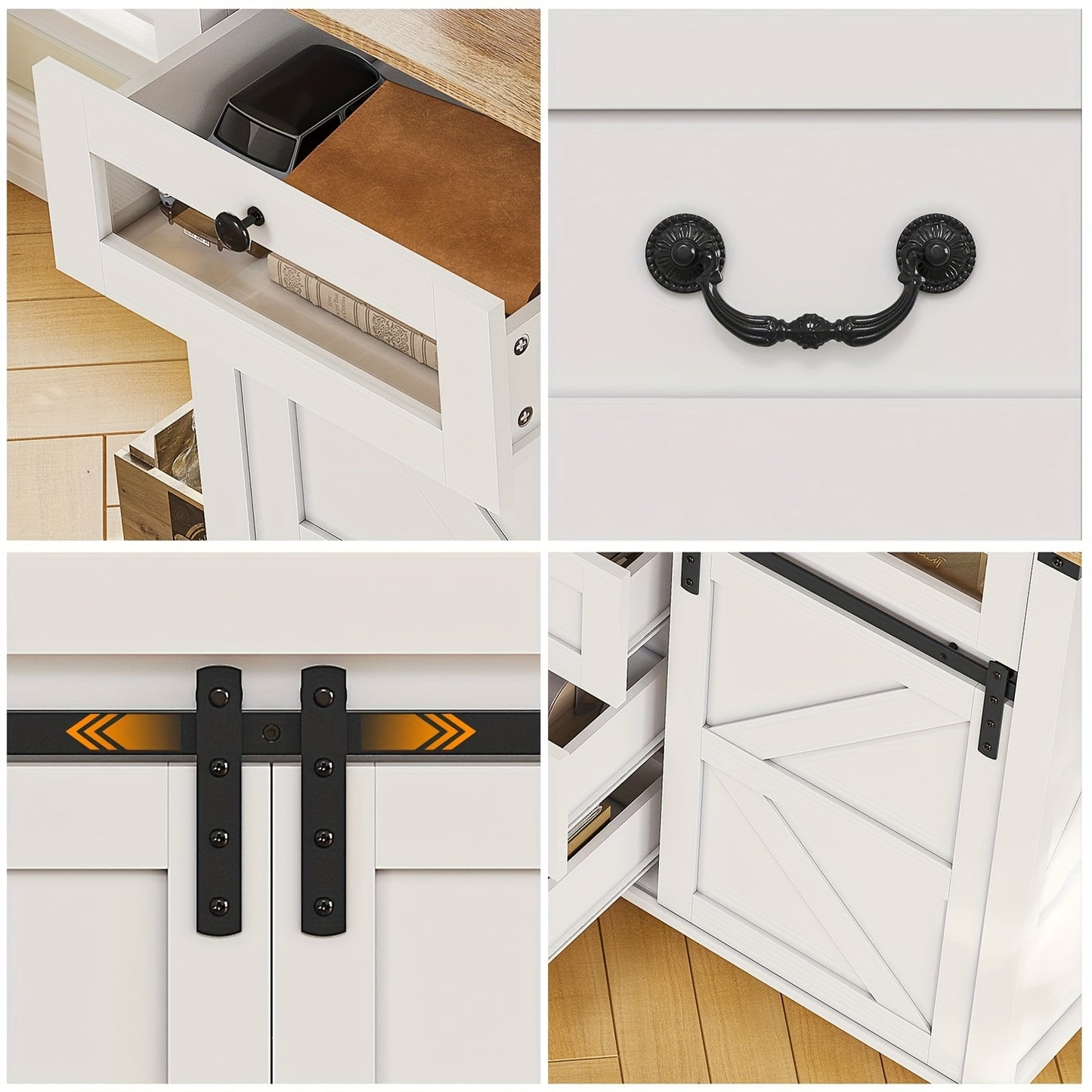 Farmhouse Dresser with LED Lights & Glass Drawers, Chest of Drawers with Sliding Barn Doors for Living Room Bedroom Entryway, White