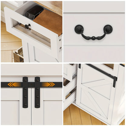Farmhouse Dresser with LED Lights & Glass Drawers, Chest of Drawers with Sliding Barn Doors for Living Room Bedroom Entryway, White