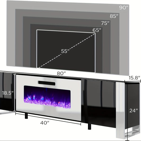 80" Fireplace TV Stand With Built-In Electric Fireplace, Sleek Entertainment Center With LED Lights For Modern TVs Black With White