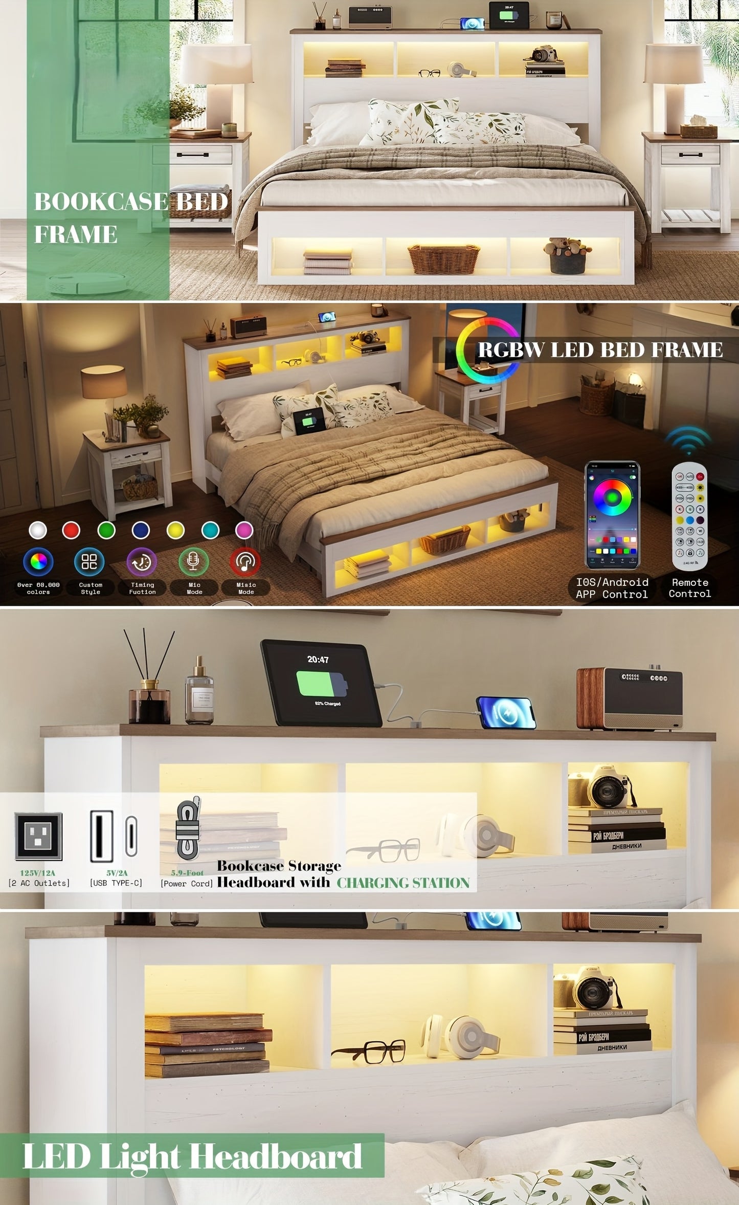 Platform Bed in Farmhouse Style Featuring a Storage Headboard And Footboard, Integrated LED Lighting, And a Charging Station - Does Not Need a Box Spring.