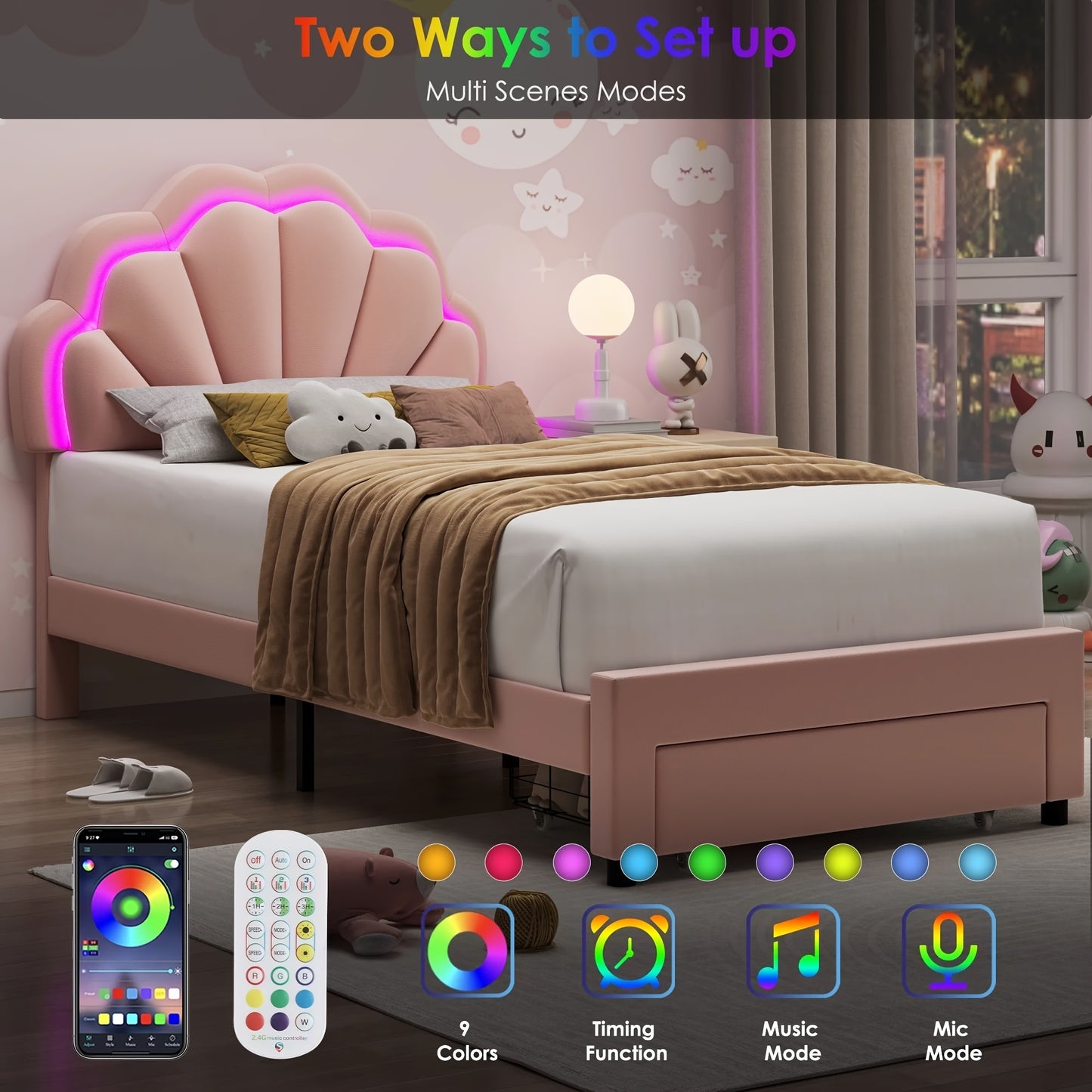 FULTRU LED Bed Frame With Large Storage Drawer, Velvet Upholstered Platform Bed With Adjustable Floral Headboard