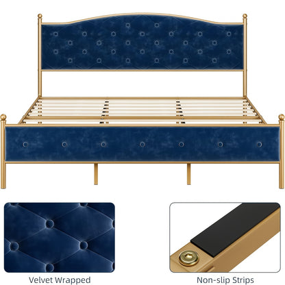 Full, Queen, King, White, Blue, Green, Senfot Bed Frame, Velvet Upholstered Platform Bed With Button Tufted Headboard, Heavy Duty Mattress Foundation With Solid Wood Slats Support, No Box Spring Needed