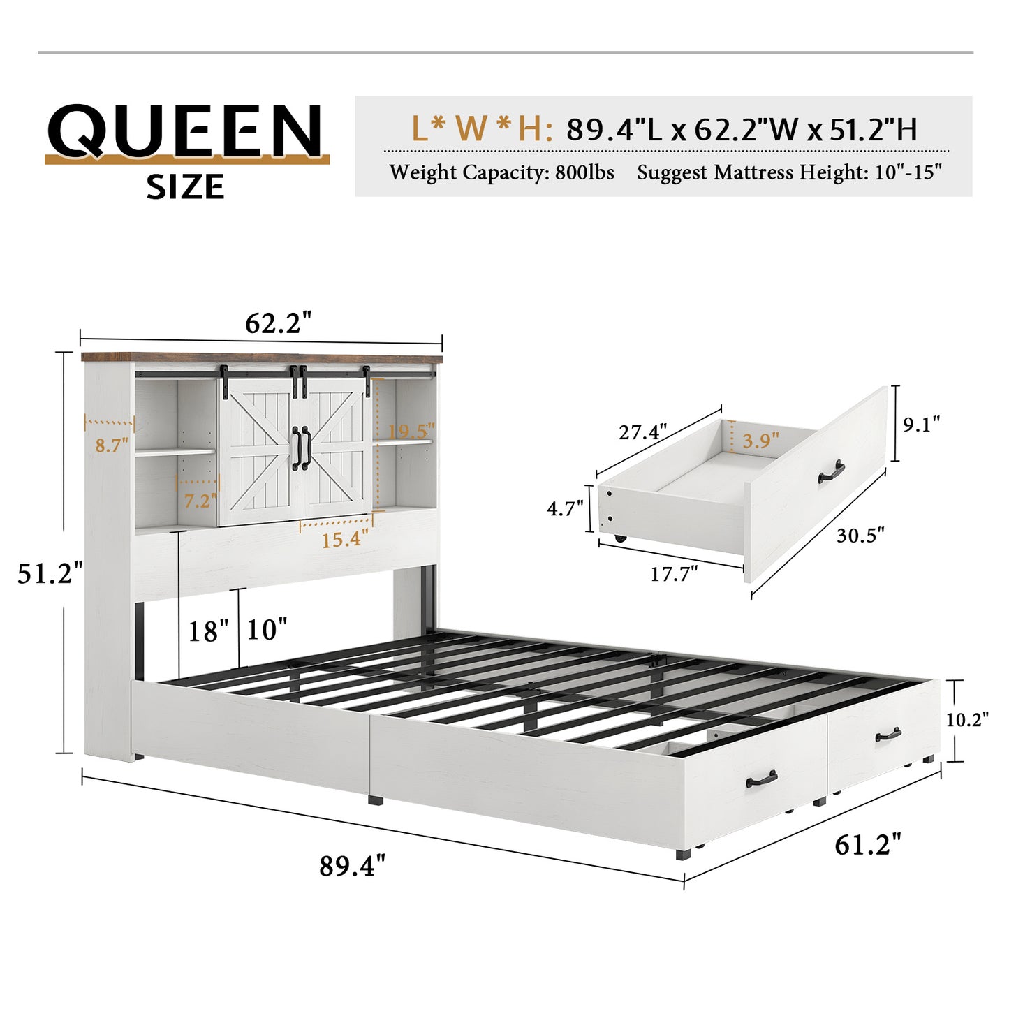 Farmhouse-Style Wooden Platform Bed Frame Boasting a 51.2" Bookcase Headboard, Integrated Storage with a Sliding Barn Door Charging Station and 2 Drawers - No Box Spring Required, Totally Noise-Free