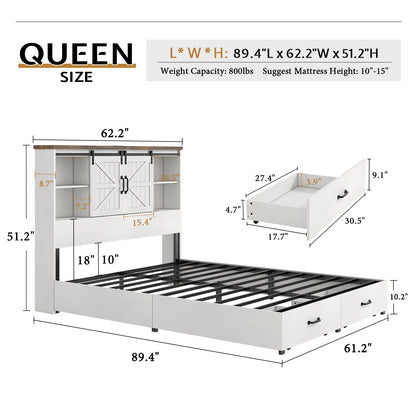 Farmhouse-Style Wooden Platform Bed Frame Boasting a 51.2" Bookcase Headboard, Integrated Storage with a Sliding Barn Door Charging Station and 2 Drawers - No Box Spring Required, Totally Noise-Free