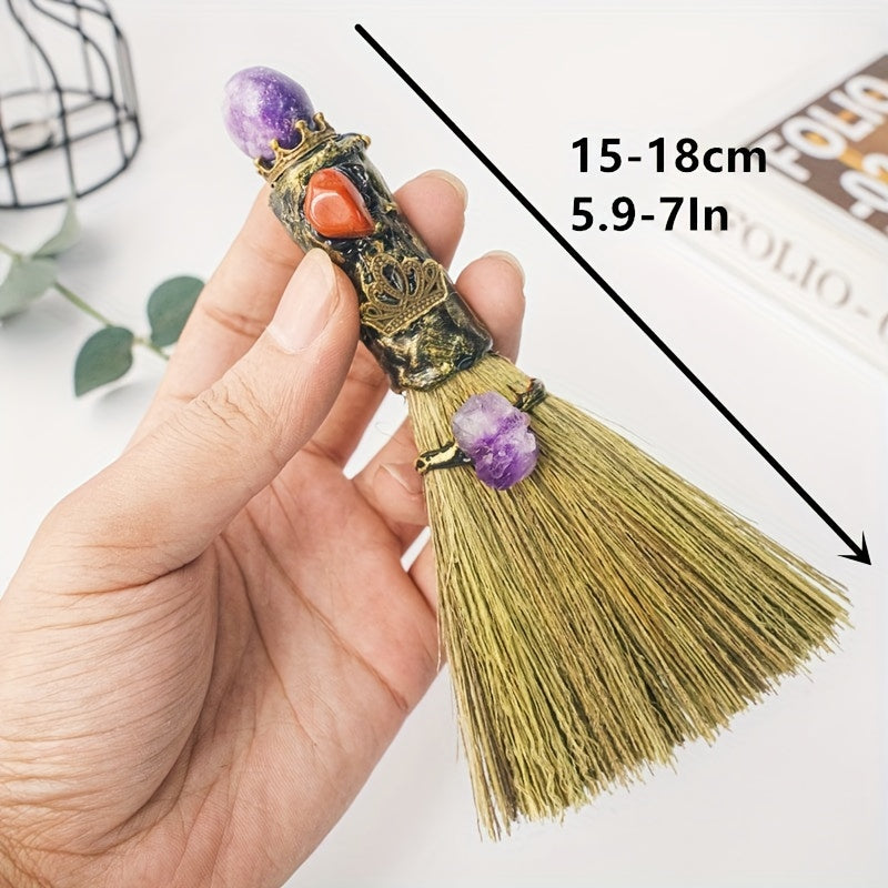 1pc Natural Crystal Rolling Stone Decorated Mini Broom, Home Decoration, Gift For Family And Friends